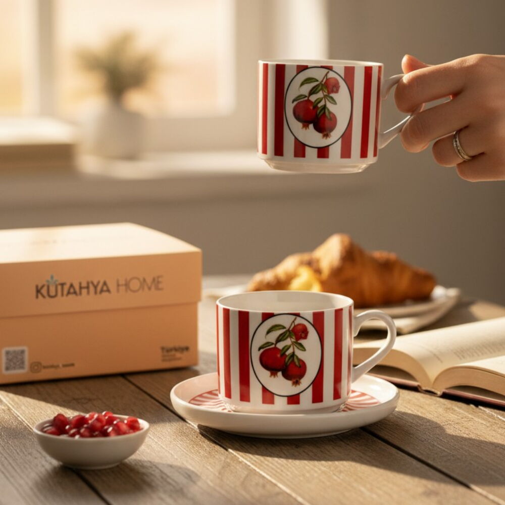 KÜTAHYA HOME SERAMİK KIRMIZI NAR DESENLİ TABAKLI KUPA