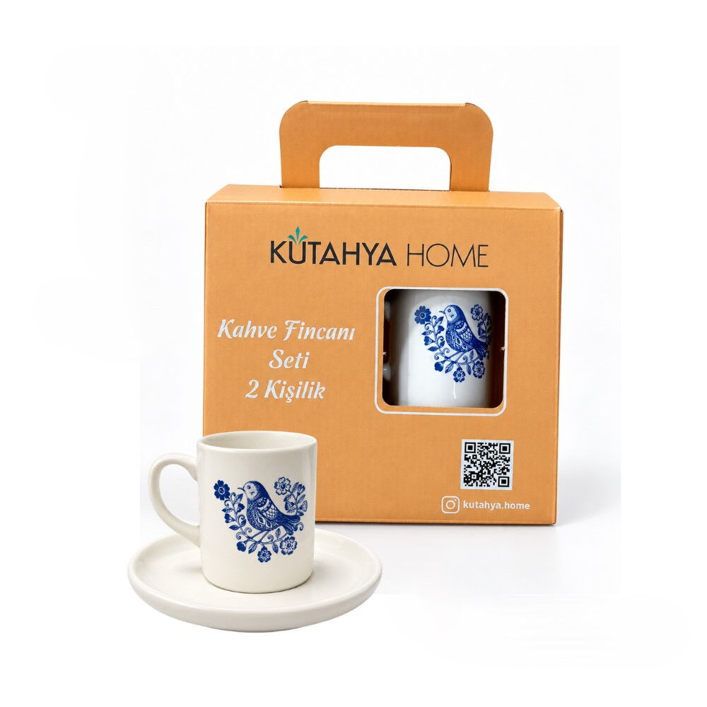 KÜTAHYA HOME SERAMİK MAVİ KUŞ 2 KİŞİLİK KAHVE TAKIMI ( ÇANTA KUTU )