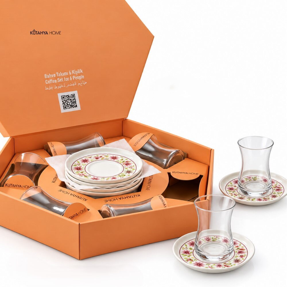 KÜTAHYA HOME PEMBE BAHÇE DESENLİ 12 PARÇA ÇAY SETİ
