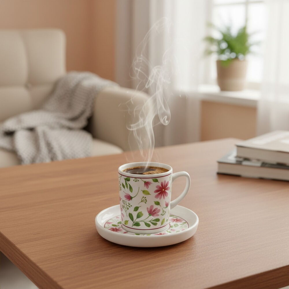 KÜTAHYA HOME SERAMİK PEMBE BAHÇE DESENLİ 12 PARÇA KAHVE TAKIMI