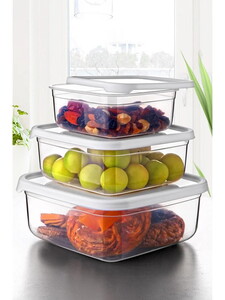 SAĞLAM ŞEFFAF TRENDY 3'LÜ KARE SAKLAMA KABI SETİ (0,6-1,2-2LT)