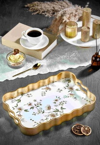 LEİLA LUNA BEYAZ ZEMİN ÇİÇEKLİ ALTIN TEPSİ 40x28cm