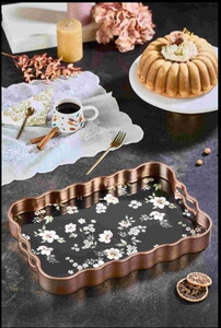 LEİLA LUNA SİYAH ZEMİN ÇİÇEK DESENLİ ROSE GOLD TEPSİ 40x28cm