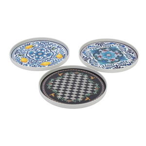 LEİLA KREM YUVARLAK BASKILI SUNUM TEPSİ KARIŞIK DESEN