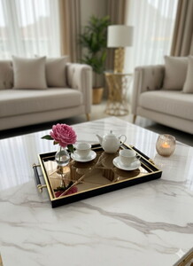LEİLA ELMAS SİYAH ÇERÇEVE ALTIN SUNUM TEPSİ 46x28cm